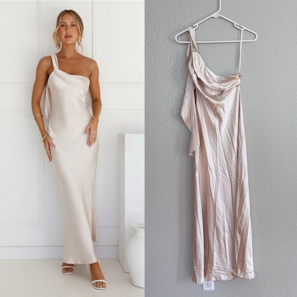 Selfie Leslie ROMANTIC TALES SATIN ONE SHOULDER MAXI DRESS CHAMPAGNE